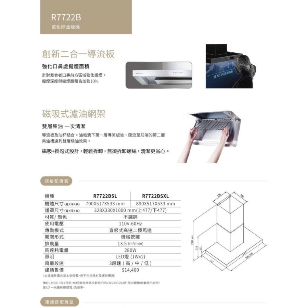 【SAKURA 櫻花】90cm歐化二極3D環吸除油煙機 R7722BSXL 原廠保固基本安裝-細節圖3