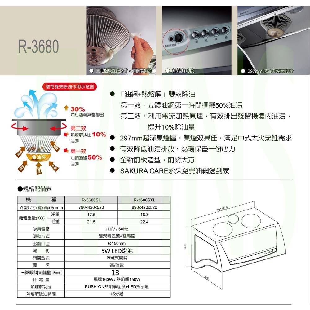 【SAKURA 櫻花】80cm/90cm深罩式雙效除油健康取向除油煙機 R-3680S 原廠基本安裝-細節圖4