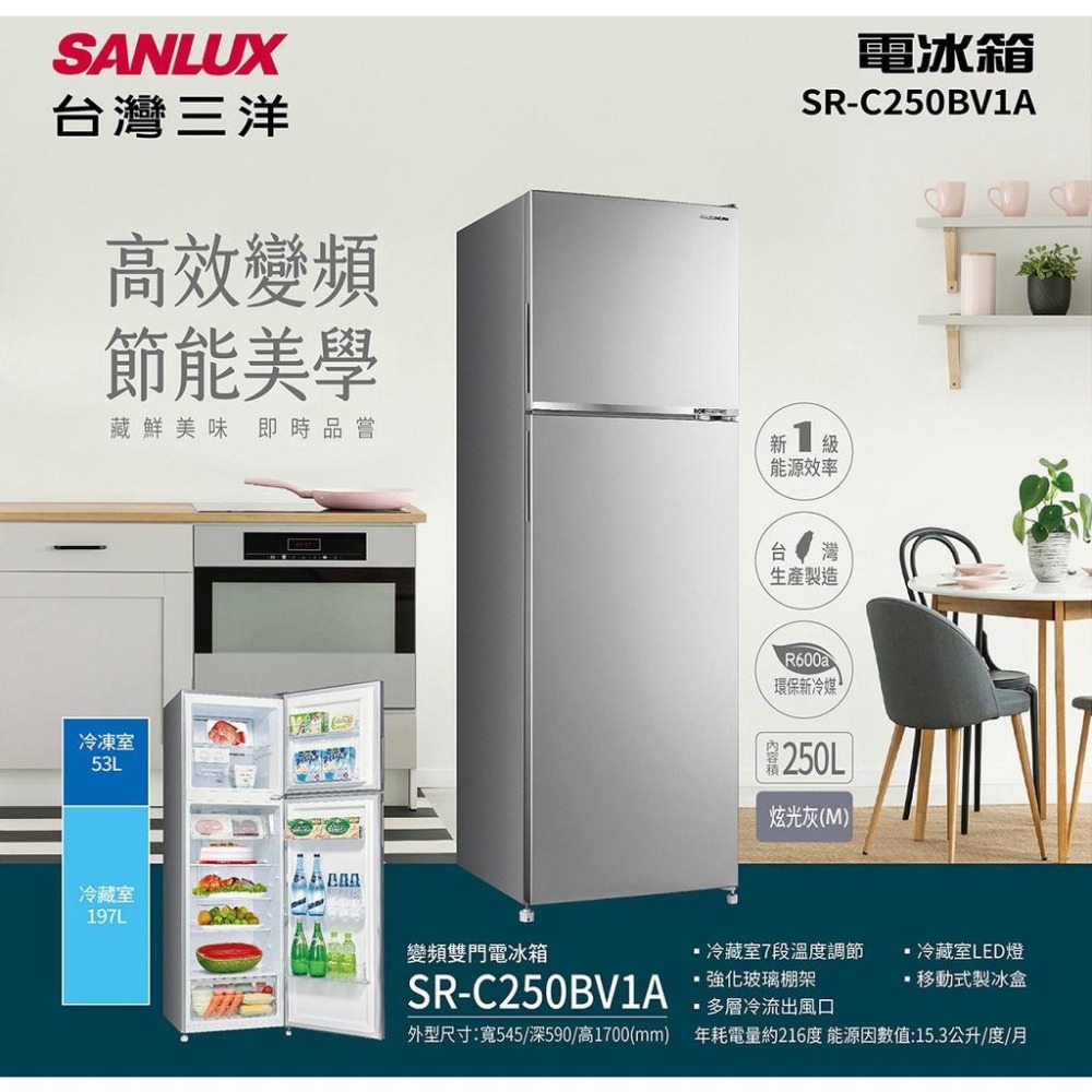 《SANLUX 台灣三洋》250L 變頻雙門冰箱  SR-C250BV1A-細節圖3