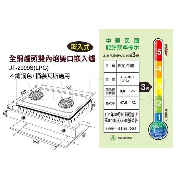 【喜特麗】《免運可分期》全銅爐頭雙內焰雙口嵌入爐 JT-2999S(NG1/LPG)不鏽鋼色 天然或桶裝 原廠安裝-細節圖5