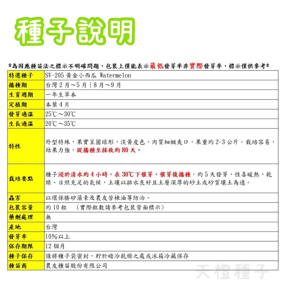 【天橙種子】黃金小西瓜種子 SV-205 約10粒 特選種子 水果類種子 農友種苗 家庭園藝 彩色原包裝-細節圖3
