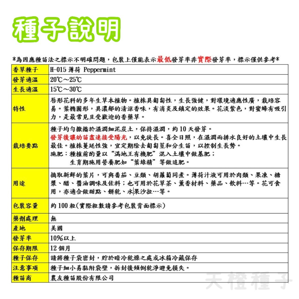 【天橙種子】薄荷種子H-015 約100粒 胡椒薄荷 香草種子 農友種苗 彩色原包裝-細節圖3