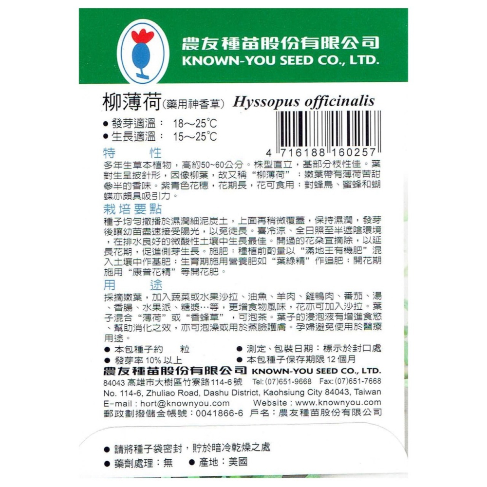 【天橙種子】柳薄荷種子H-025 約200粒 藥用神香草 香草種子 農友種苗 彩色原包裝-細節圖2