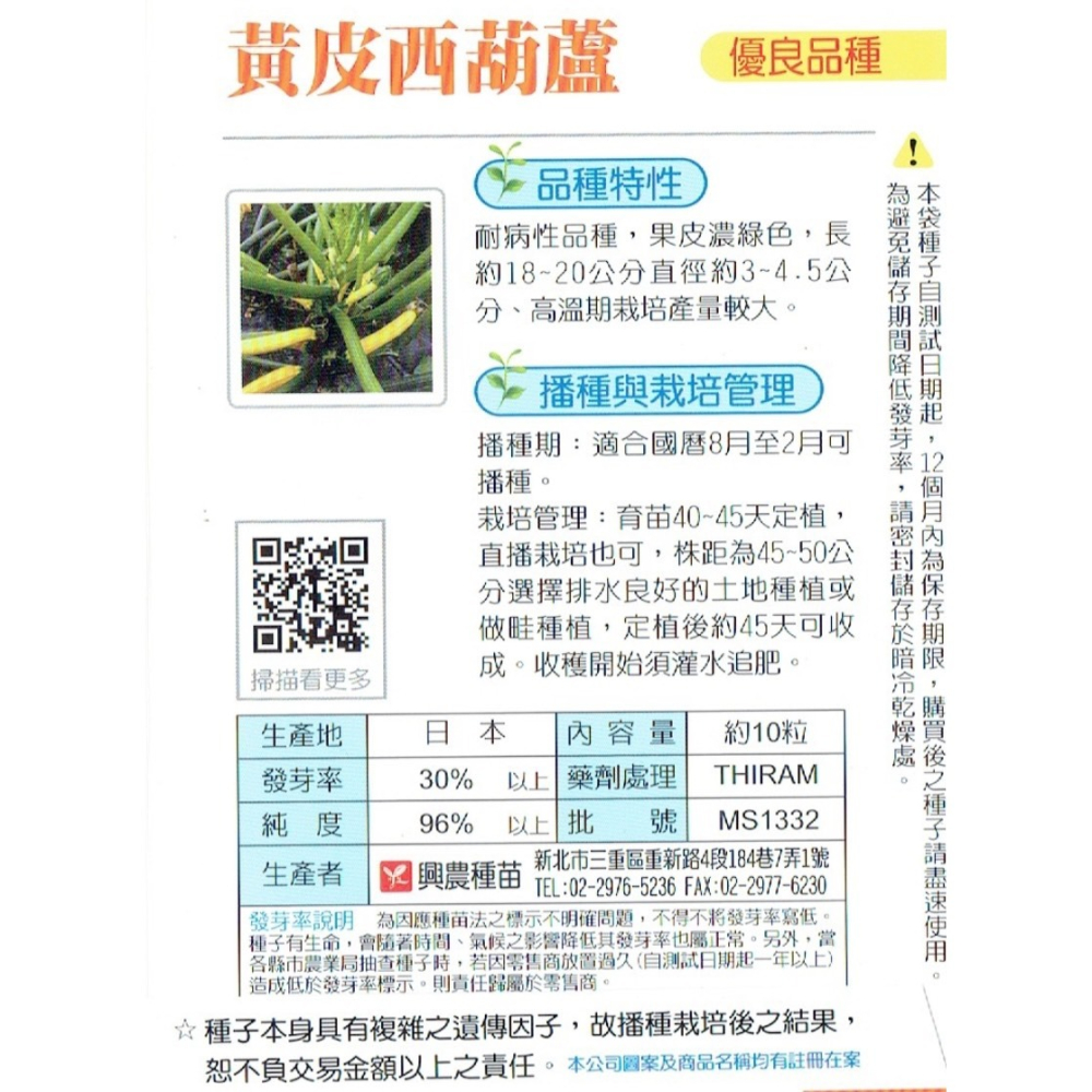 【天橙種子】黃皮西葫蘆種子 黃櫛瓜種子 約10粒 8~2月播種 蔬果種子 瓜果類 興農種苗 彩色原包裝-細節圖2
