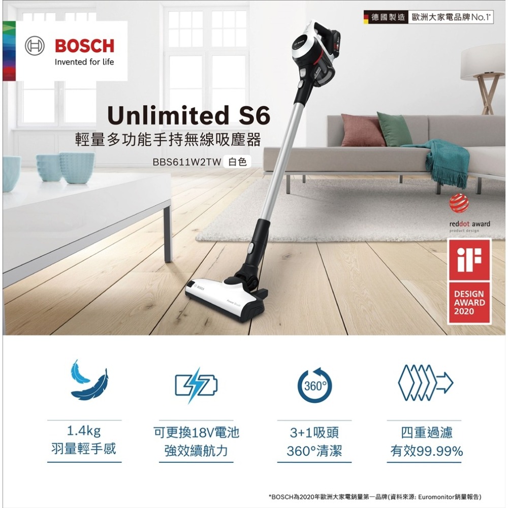 【BOSCH 博世】Unlimited S6 輕量多功能手持無線吸塵器 BBS611W2TW-細節圖2