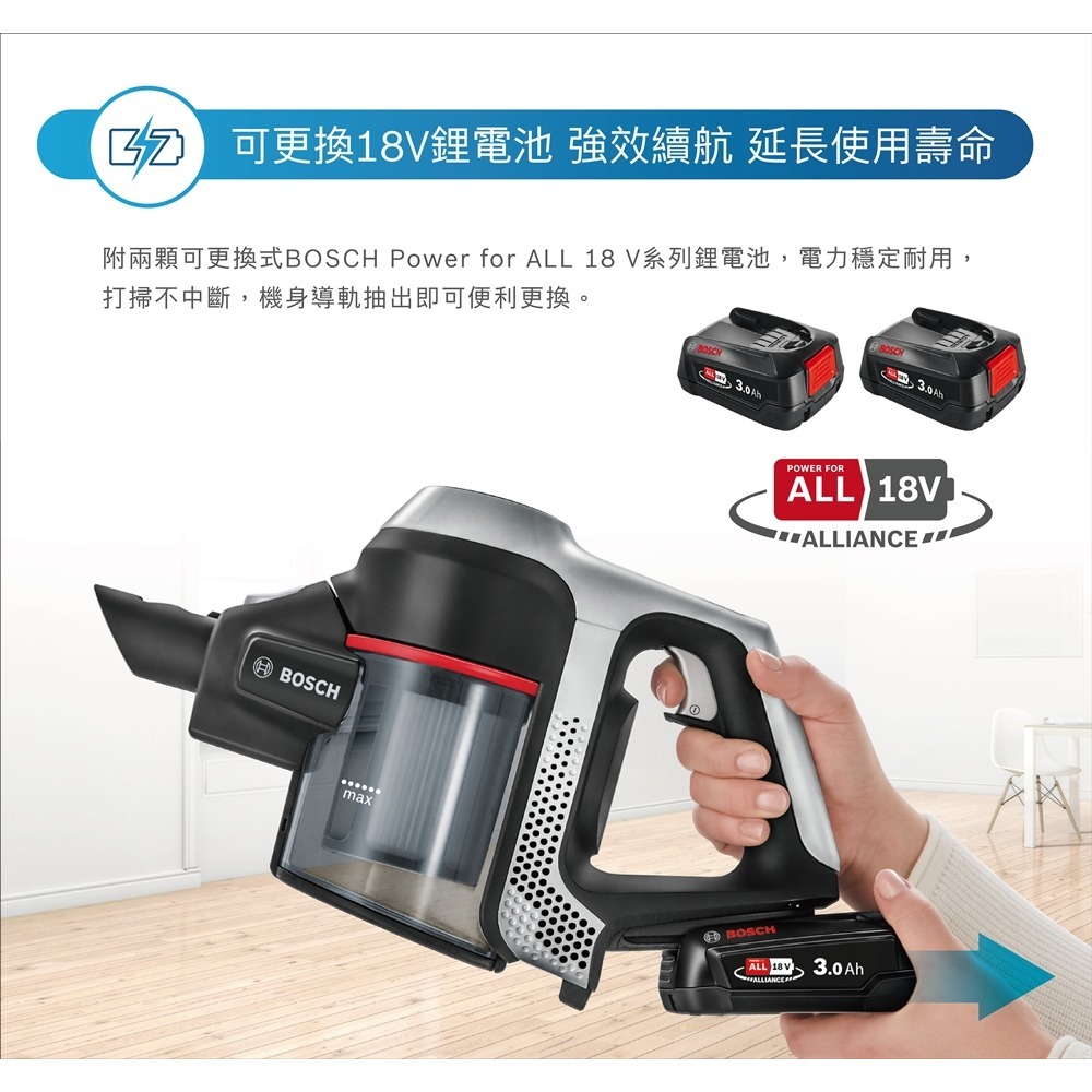 【BOSCH 博世】S6 輕量多功能手持無線吸塵器 BBS612A3TW 銀色 雙電池旗艦款-細節圖4