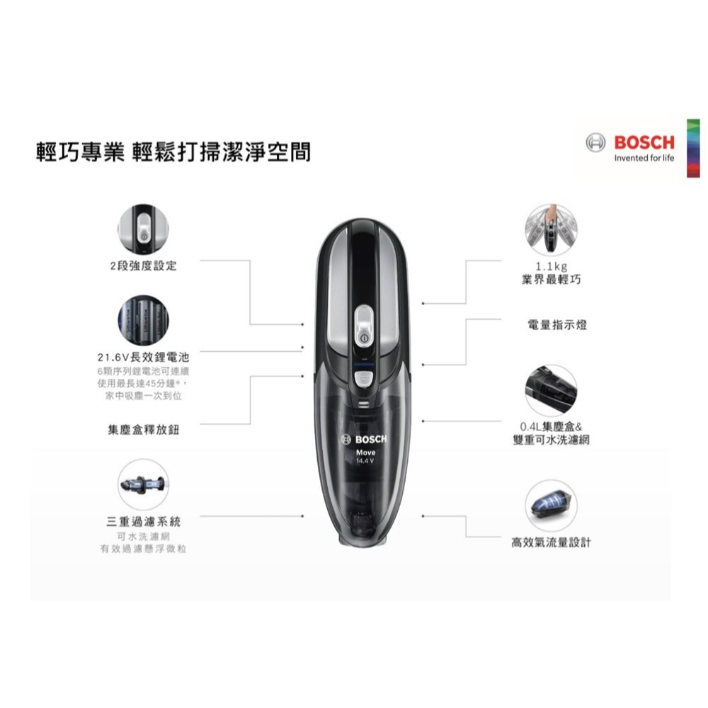 【BOSCH 博世】手持式吸塵器Move Lithium 21.6V 星燦銀BHNL2140TW-細節圖4