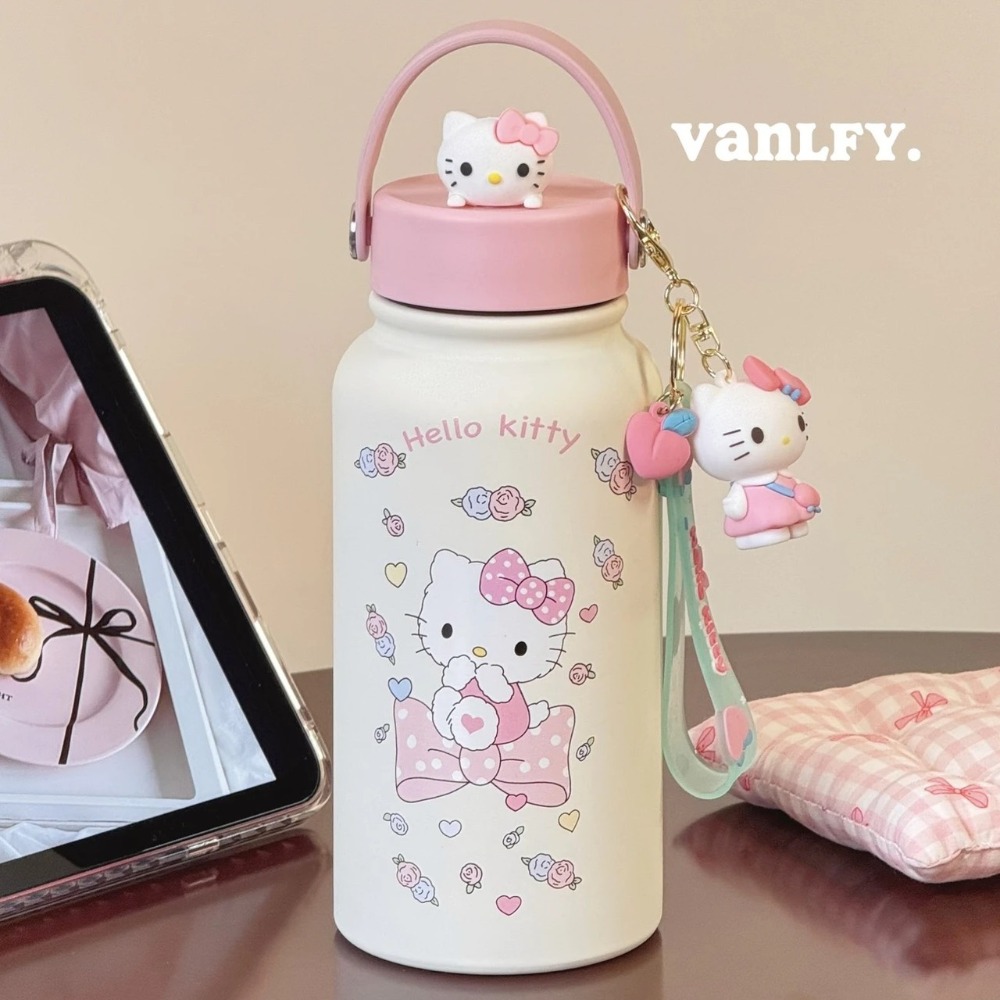 KT大容量保溫杯 900ML 凱蒂貓水瓶 316醫療級不鏽鋼 寬口好清洗 提把水壺 保冰杯 學生水杯-規格圖3