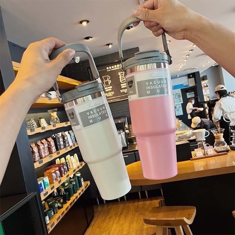 304不鏽鋼雙飲手提杯 雙飲保溫杯 提把手提杯 吸管杯 隨身保溫水壺 汽車杯 隨行咖啡杯-細節圖2