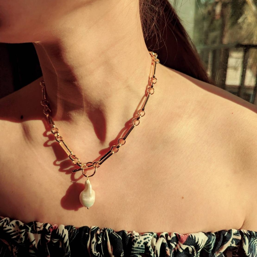 Vine嚴選實拍~粗鏈異形巴洛克珍珠OT扣項鍊女-細節圖2