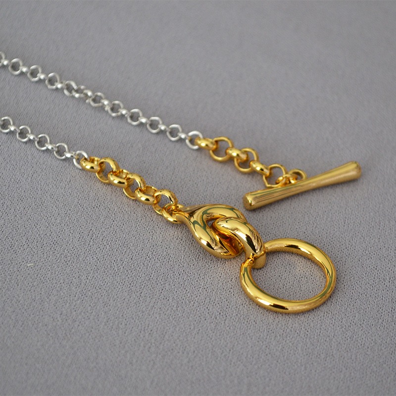 Vine嚴選實拍~金銀撞色粗鏈條誇張別緻OT扣項鍊毛衣鏈-細節圖2