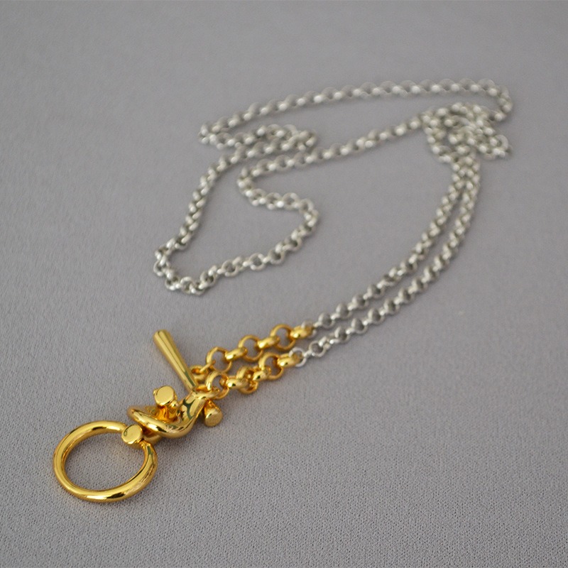 Vine嚴選實拍~金銀撞色粗鏈條誇張別緻OT扣項鍊毛衣鏈-細節圖3