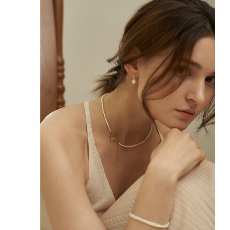 Vine嚴選實拍~簡約溫婉天然珍珠愛心鑰匙OT扣短款項鍊鎖骨鏈-細節圖2