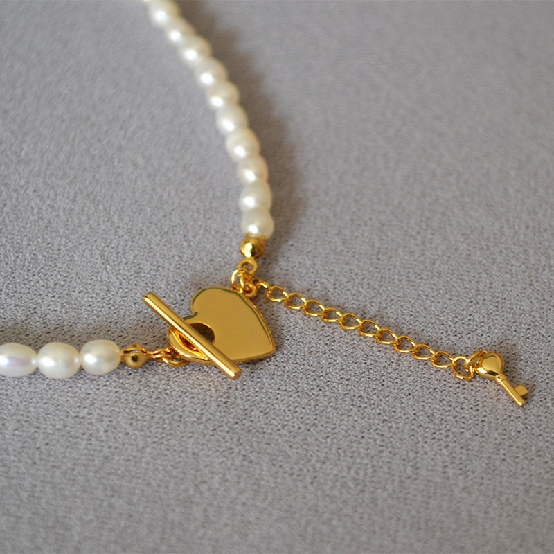 Vine嚴選實拍~簡約溫婉天然珍珠愛心鑰匙OT扣短款項鍊鎖骨鏈-細節圖3