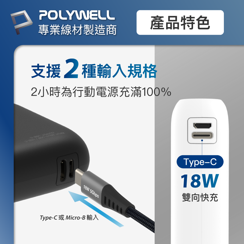 Polywell 雙向快充行動電源 10000mAh 18W 雙USB Type-C 多設備同時充電-細節圖5