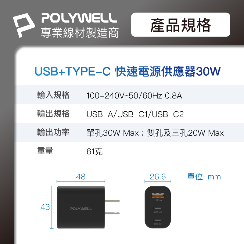 仙人掌哥 Polywell 30W三孔PD快充頭 雙USB-C+USB-A充電器 GaN氮化鎵 BSMI認證-細節圖11