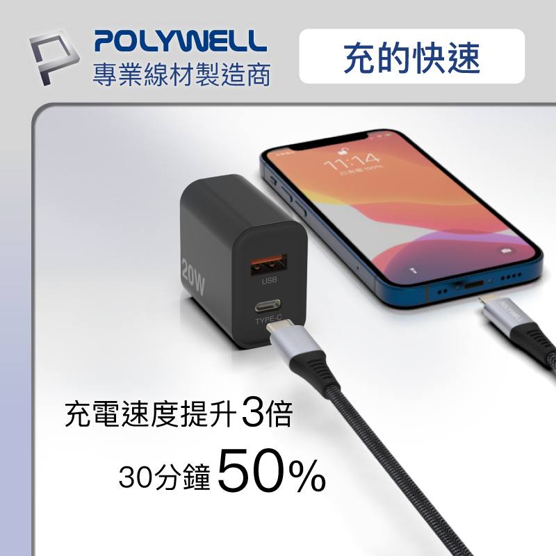 仙人掌哥 現貨 Polywell PD雙孔快充頭 20W Type-C充電頭 充電器 豆腐頭 適用 iPhone-細節圖3