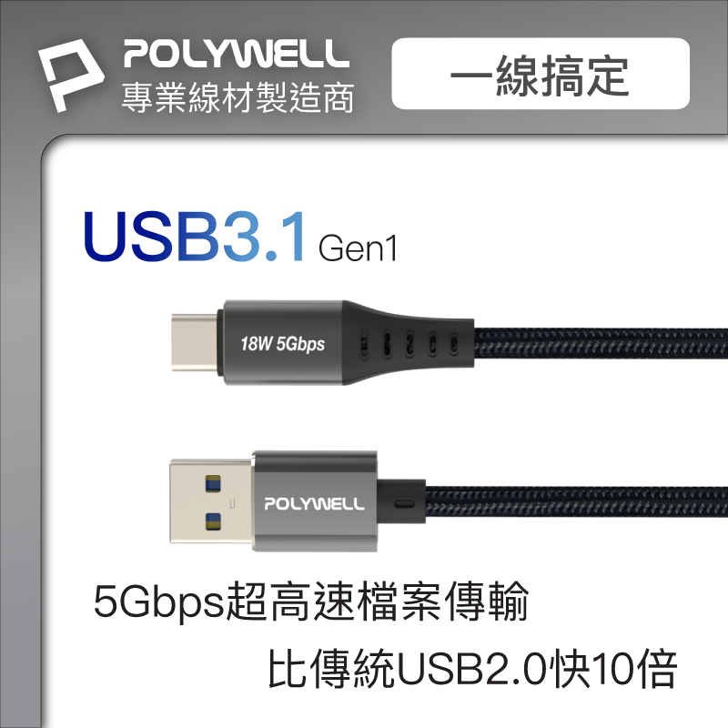 仙人掌哥 POLYWELL USB3.1 5Gbps Type-C對A 3A 0.5~3米 充電傳輸線 18w-細節圖2