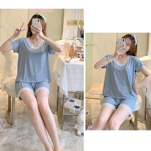 【i揪團】F77(新品現貨)冰絲蕾絲花邊居家服 夏季純色睡衣 睡衣套裝 休閒套裝 短褲短袖套裝 兩件式-細節圖6