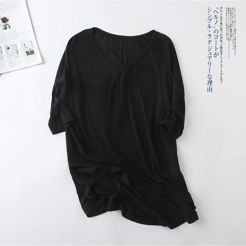 【i揪團】F19(現貨)日系莫代爾蝙蝠袖中袖寬鬆棉T 女款透氣短袖-細節圖3