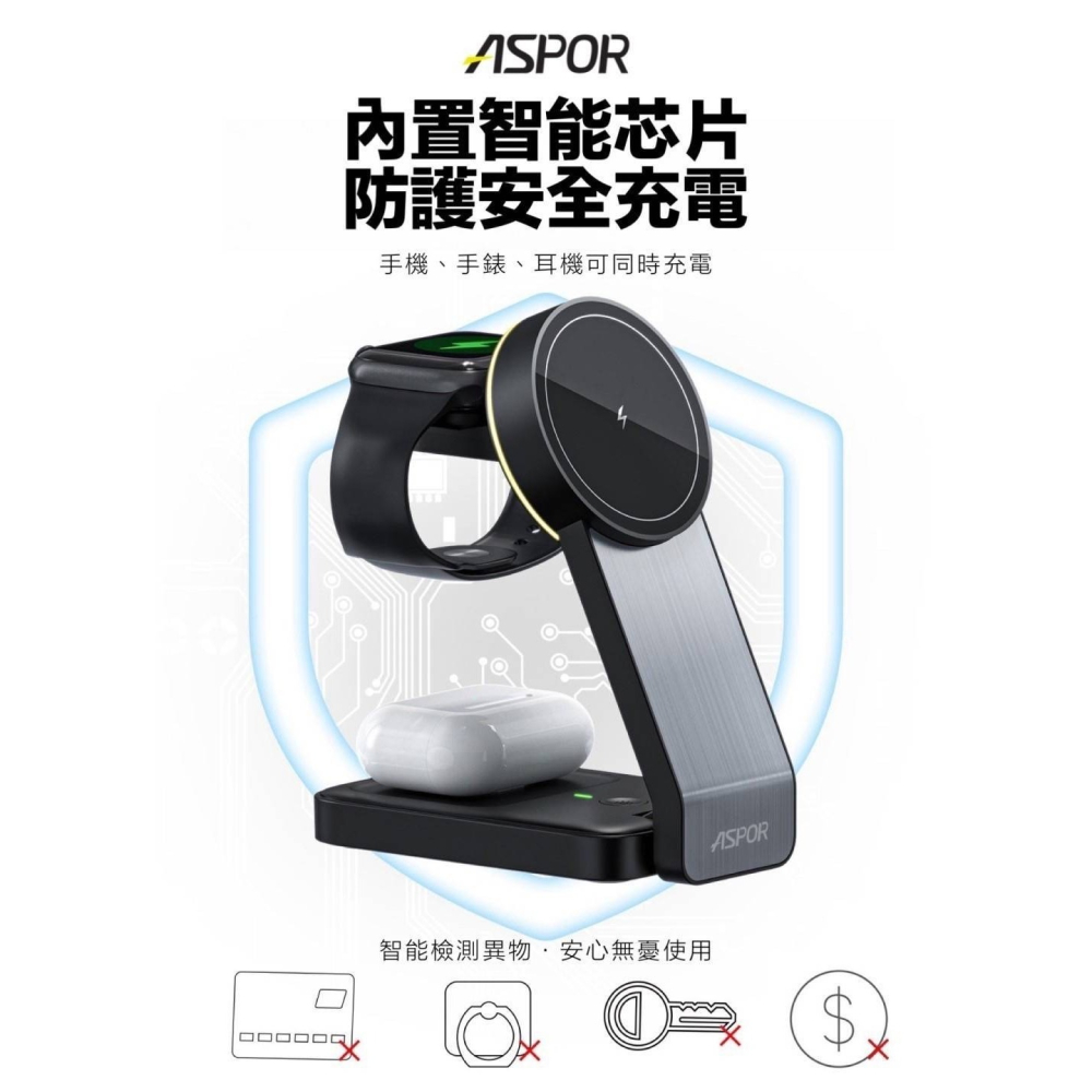 ASPOR 摺疊多合一磁吸無線充電座 W22 小夜燈款 強力磁吸 可充手機 手錶 耳機-細節圖4
