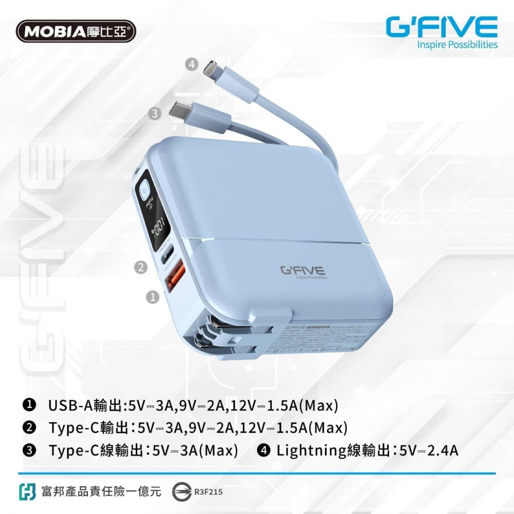 【GFIVE 多功能行動電源】自帶雙線 15000mAh行動充 充電寶 附收納盒 GP-W10P-細節圖4