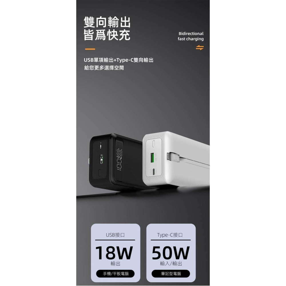 【HANG 自帶線行動電源】無線行動充 大容量30000mAh 充電寶 LED電量顯示 PD10-細節圖3