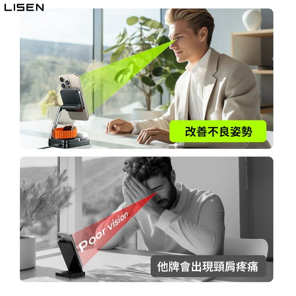 【Lisen 桌面三合一無線充摺疊支架】多角度折疊手機支架 平板支架 可充手機 耳機 智慧手錶-細節圖7