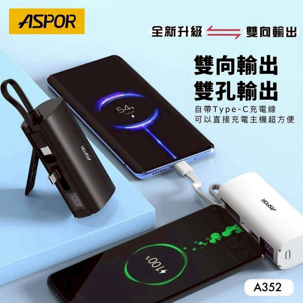 【ASPOR直插式行動電源】PD快充 無線行動充 5000mAh 充電寶 A351 A352 雙向快充口-細節圖6