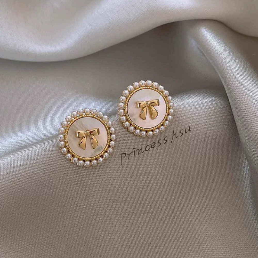 圓形珍珠蝴蝶結耳環-規格圖1