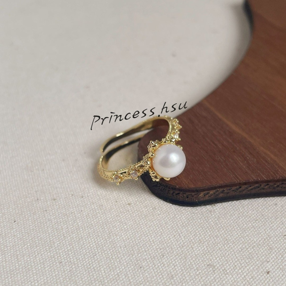 珍珠鋯石開口戒指(金)-細節圖2