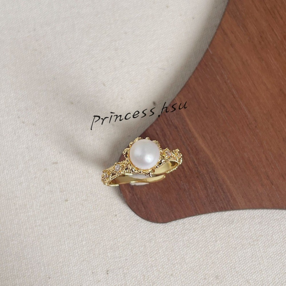 珍珠鋯石開口戒指(金)-規格圖2