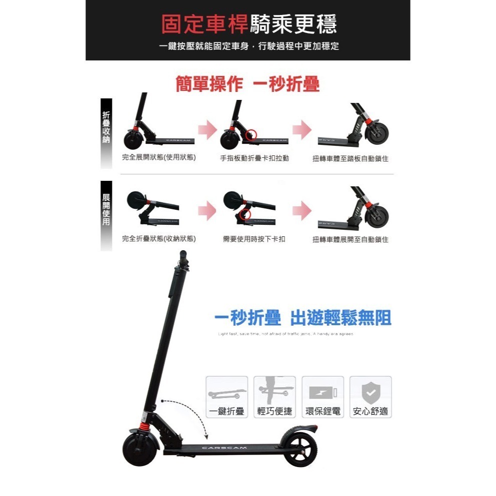 CARSCAM S6 6.5吋 LED大燈鋁合金智能折疊電動滑板車-細節圖4