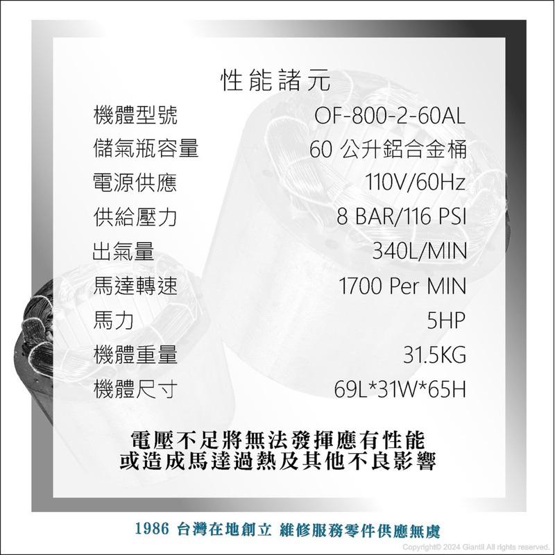 胖達人五金加贈風管風槍 全銅線 風霸 快速型 GFOX 無油式 雙缸 5HP 60L 110V/60Hz 空壓機 壓縮機-細節圖4