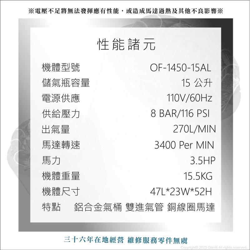 胖達人五金 贈風管+風槍 3.5HP 15L 30L超輕量 鋁合金 全銅線 風霸 GFOX 無油式 快速型 空壓機-細節圖2