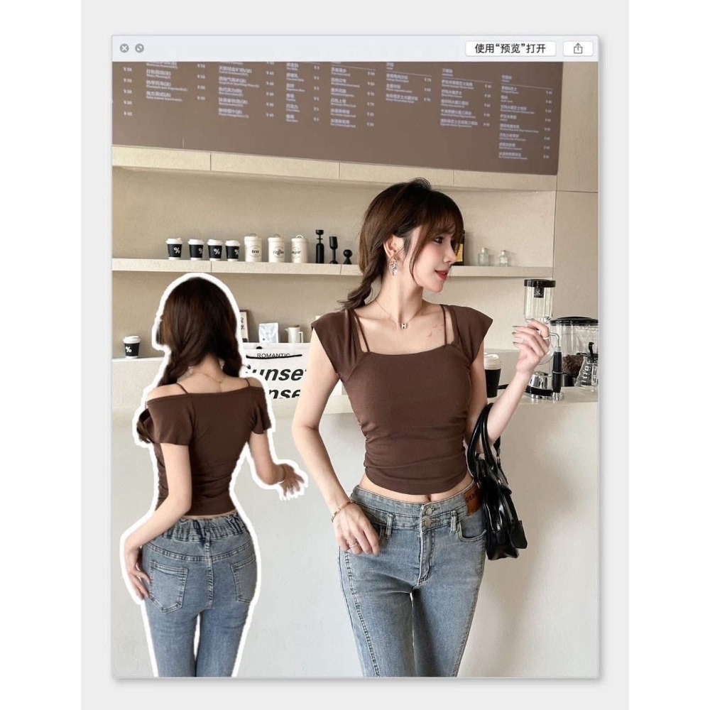 現貨速出 辣妹小飛袖自帶胸墊一字肩背心一衣兩穿設計上衣-細節圖8