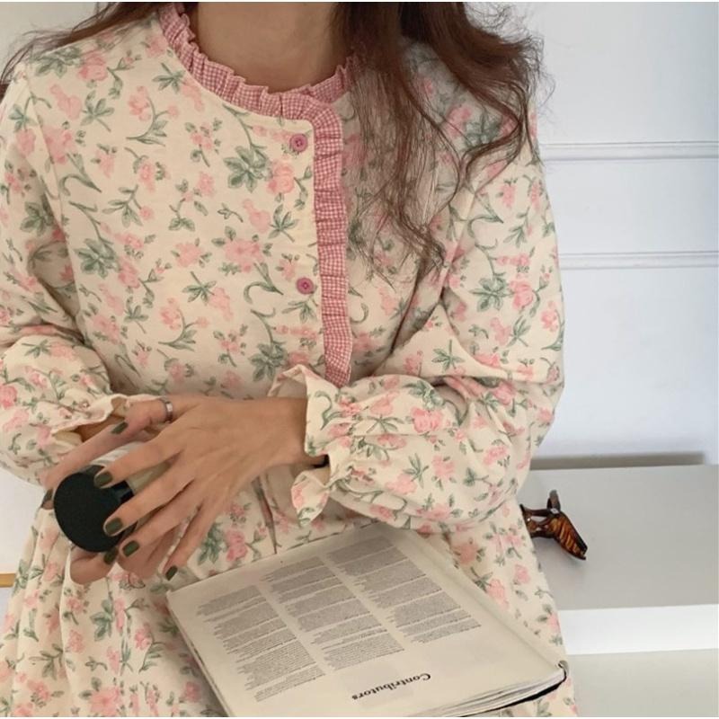 【台灣現貨】睡衣 日韓小碎花連身居家服 碎花 洋裝 長裙 連身裙 居家-細節圖4