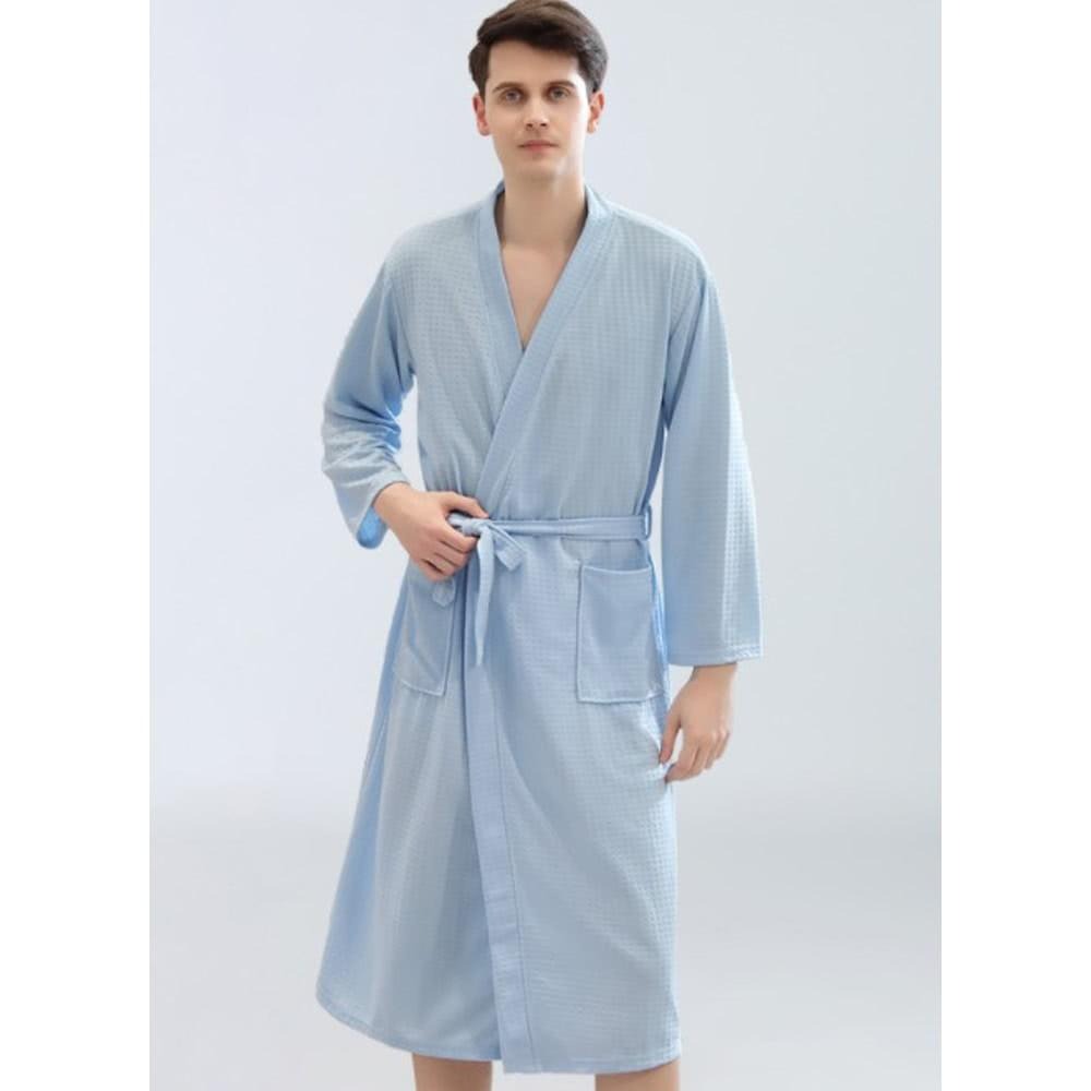 【台灣現貨】情侶浴袍 男款 浴衣 居家睡袍 吸水速乾 薄款加長款 華夫格 男士睡袍 睡衣居家服 長款 飯店浴袍 換衣-細節圖2