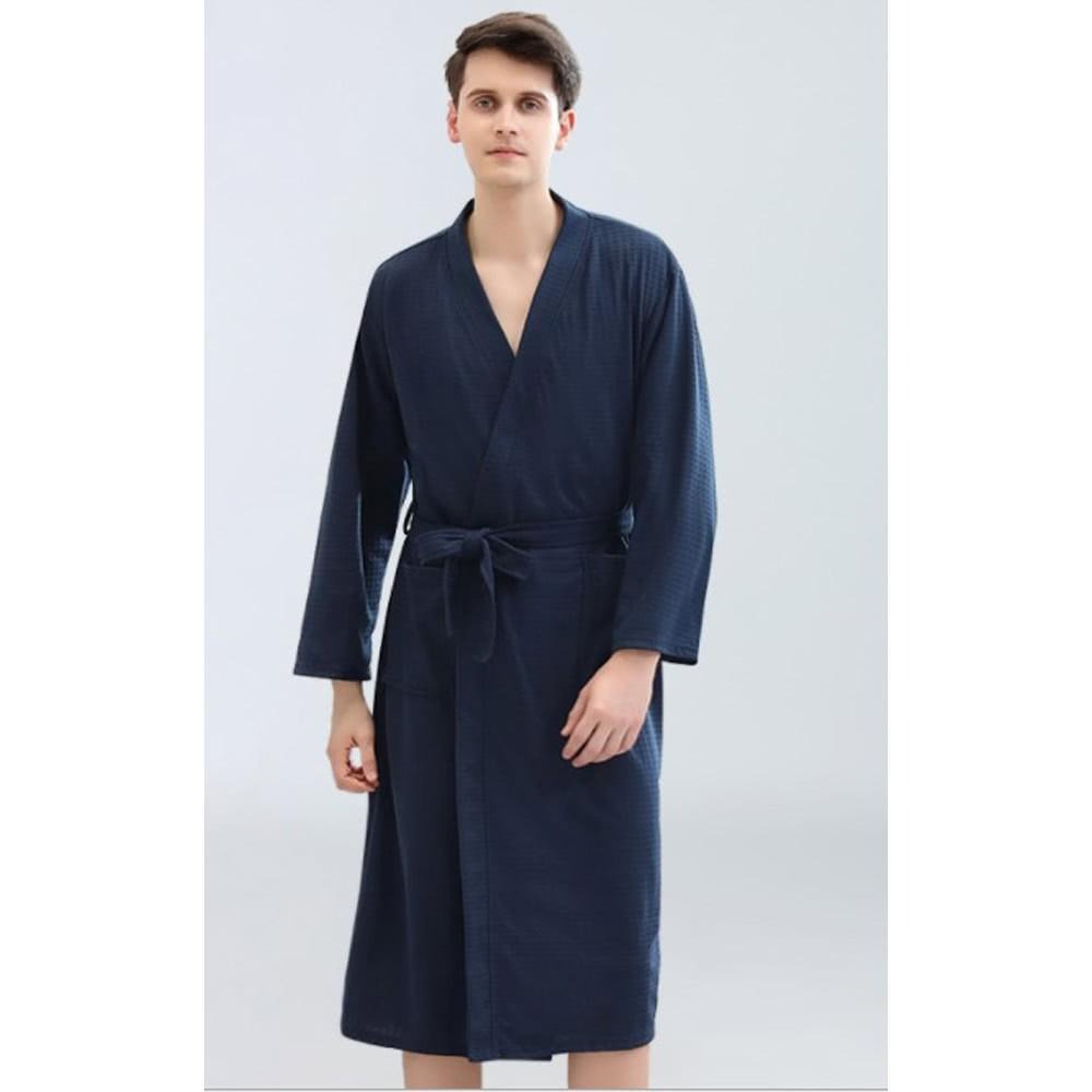 【台灣現貨】情侶浴袍 男款 浴衣 居家睡袍 吸水速乾 薄款加長款 華夫格 男士睡袍 睡衣居家服 長款 飯店浴袍 換衣-細節圖3