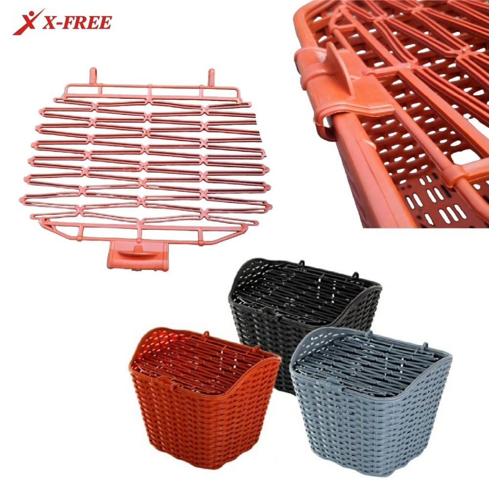 DG 復古仿竹藤籃子 帶蓋塑膠自行車籃子 加蓋車前籃 單車菜籃 單車前籃子 籐編寵物籃 腳踏車菜籃 腳踏車前籃子 鐵菜籃-細節圖6