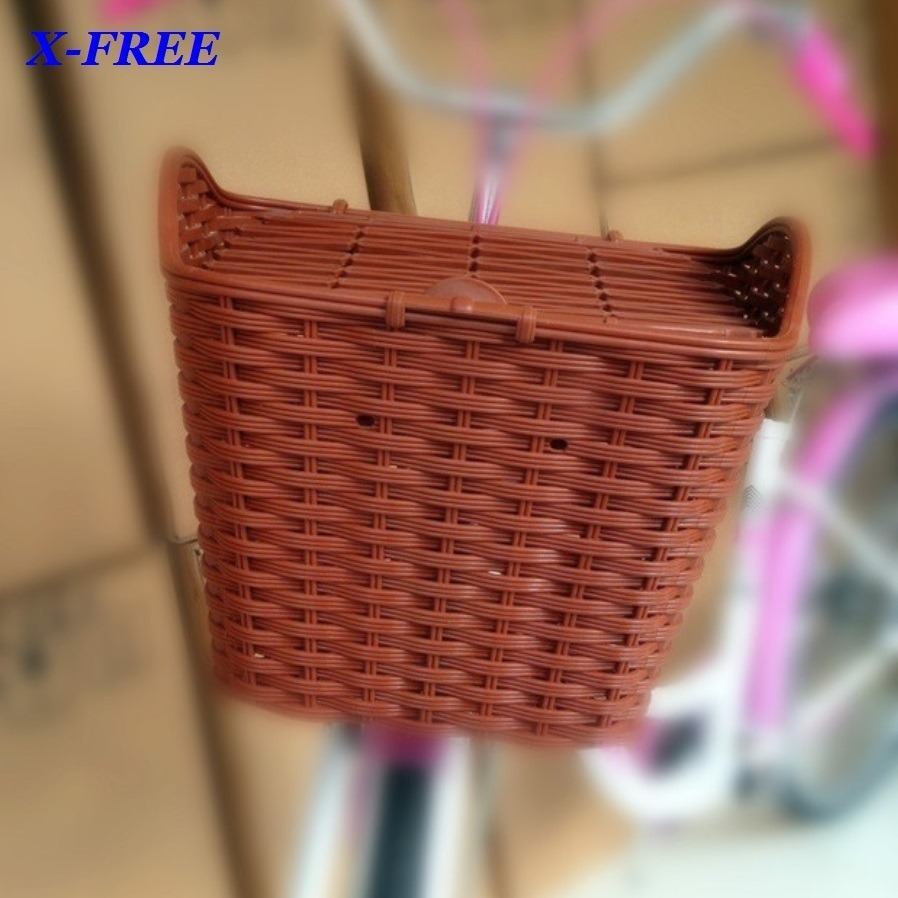 DG 復古仿竹藤籃子 帶蓋塑膠自行車籃子 加蓋車前籃 單車菜籃 單車前籃子 籐編寵物籃 腳踏車菜籃 腳踏車前籃子 鐵菜籃-細節圖8