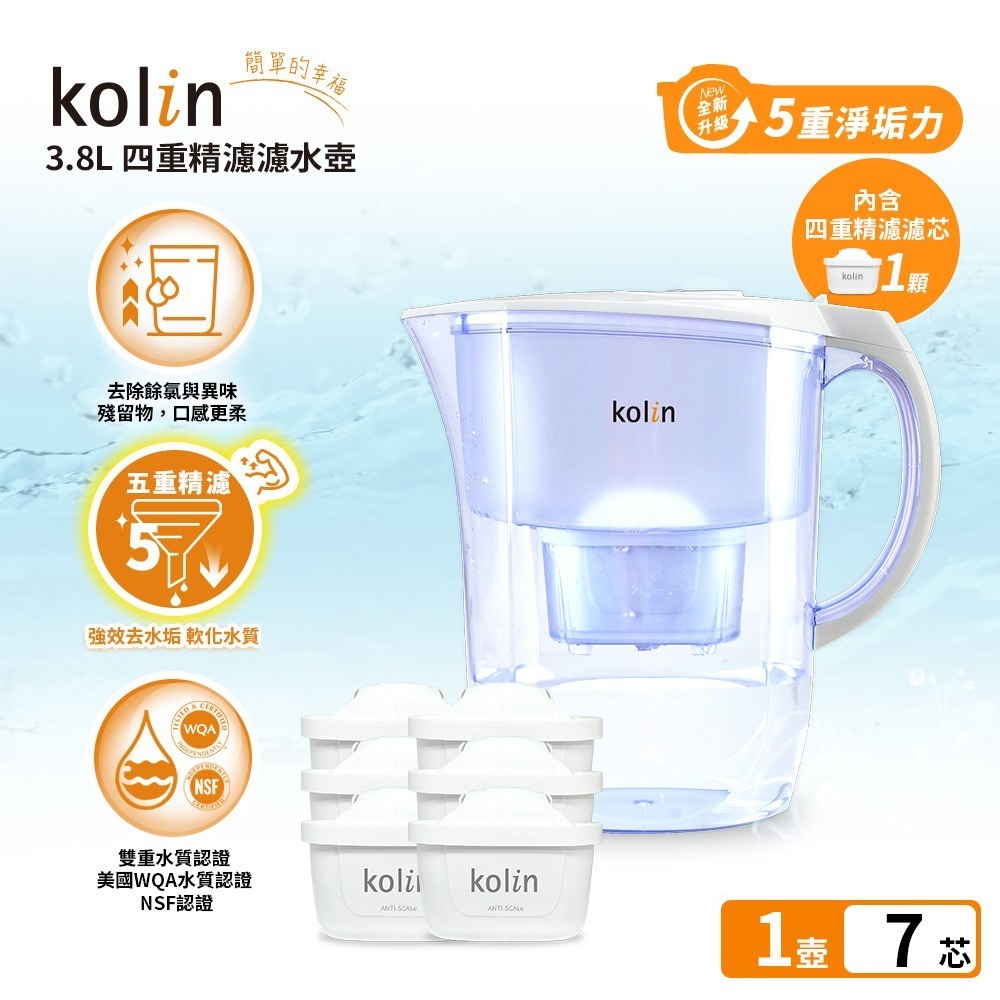 Kolin 歌林 3.8L濾水壺(內含四重濾芯*1)+五重淨垢濾芯6入(共1壺7芯/適用Brita)-細節圖3