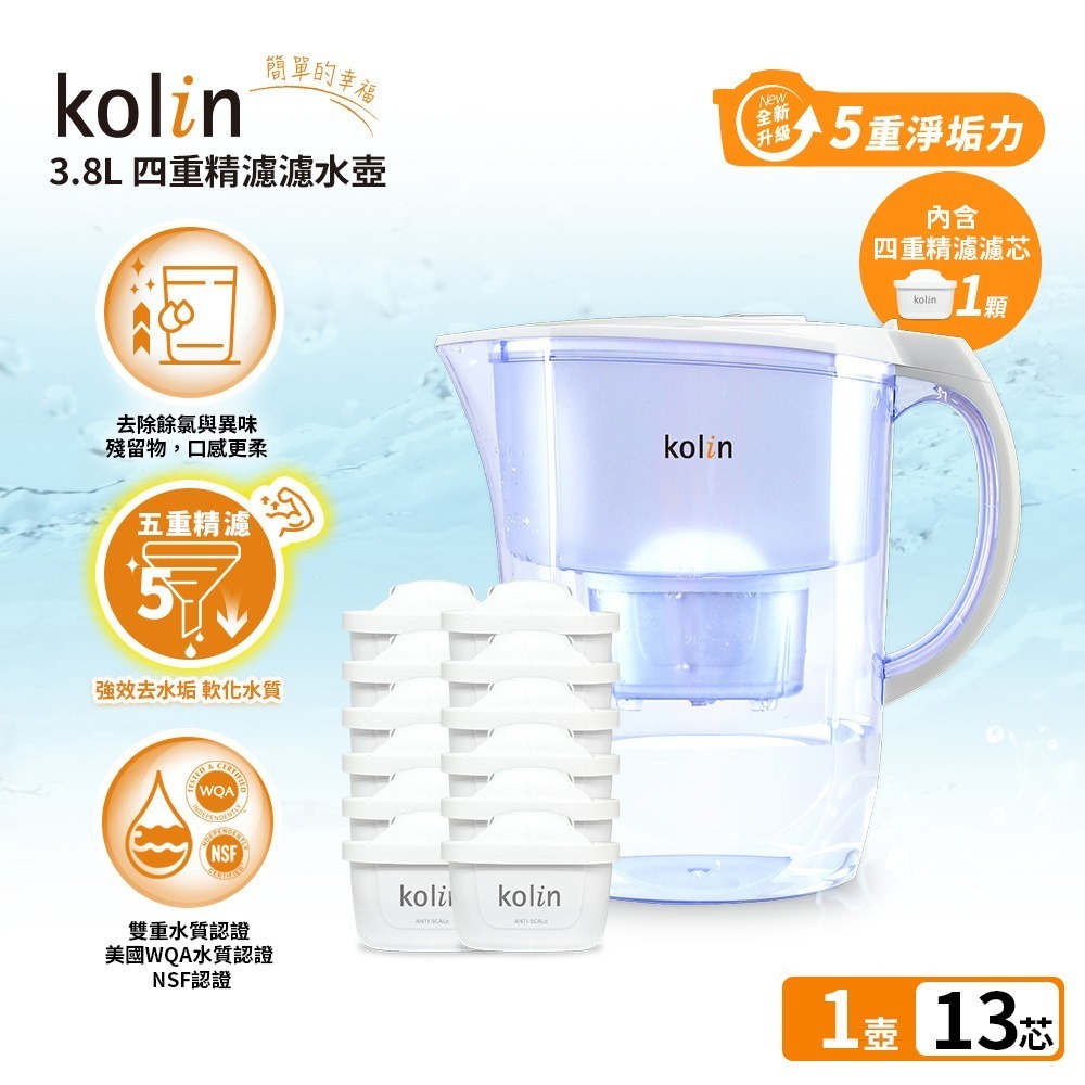 Kolin 歌林 3.8L濾水壺(內含四重濾芯*1)+五重淨垢濾芯12入(共1壺13芯/適用Brita)-細節圖3