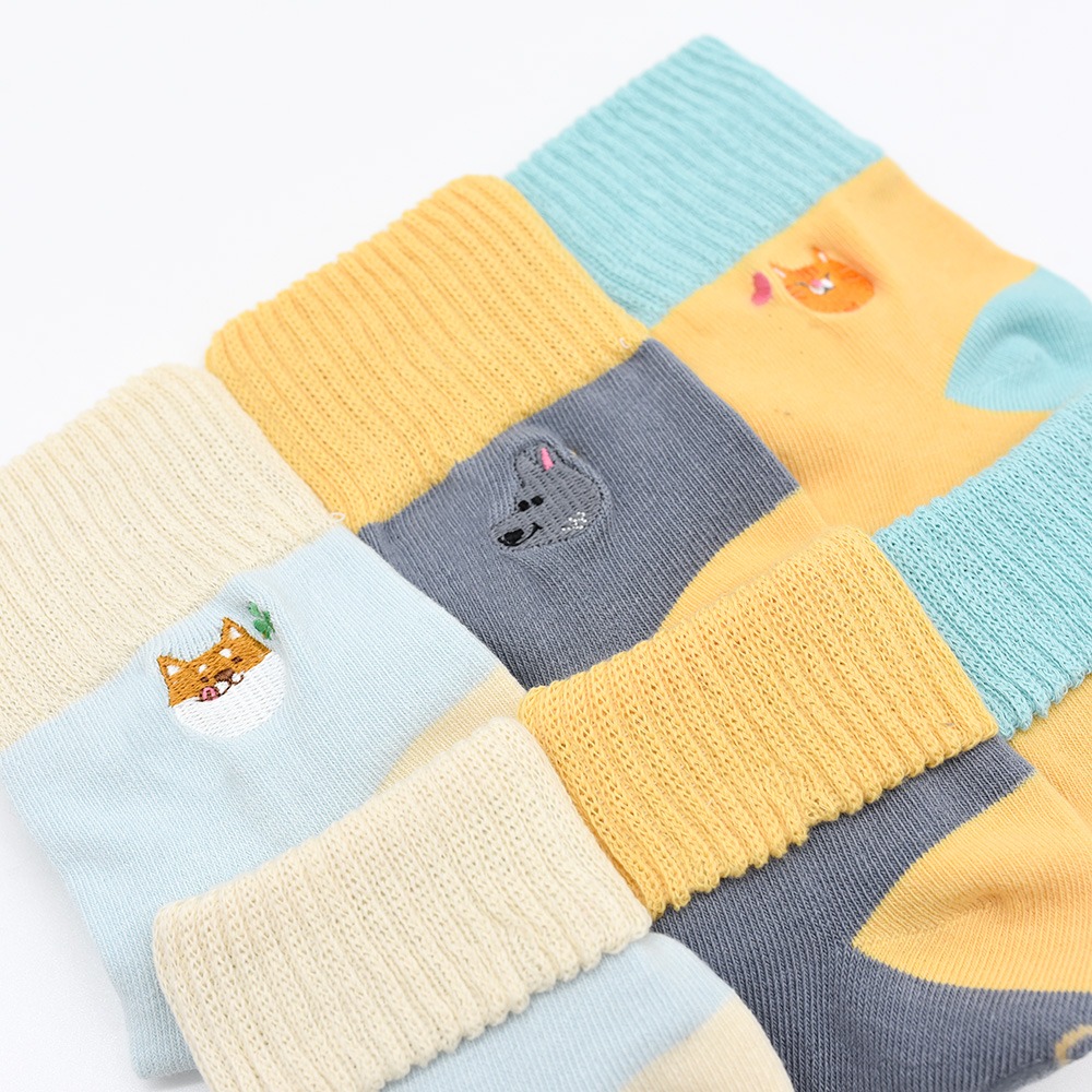minihope刺繡反折中筒襪3雙組-淺藍+灰+黃-細節圖2