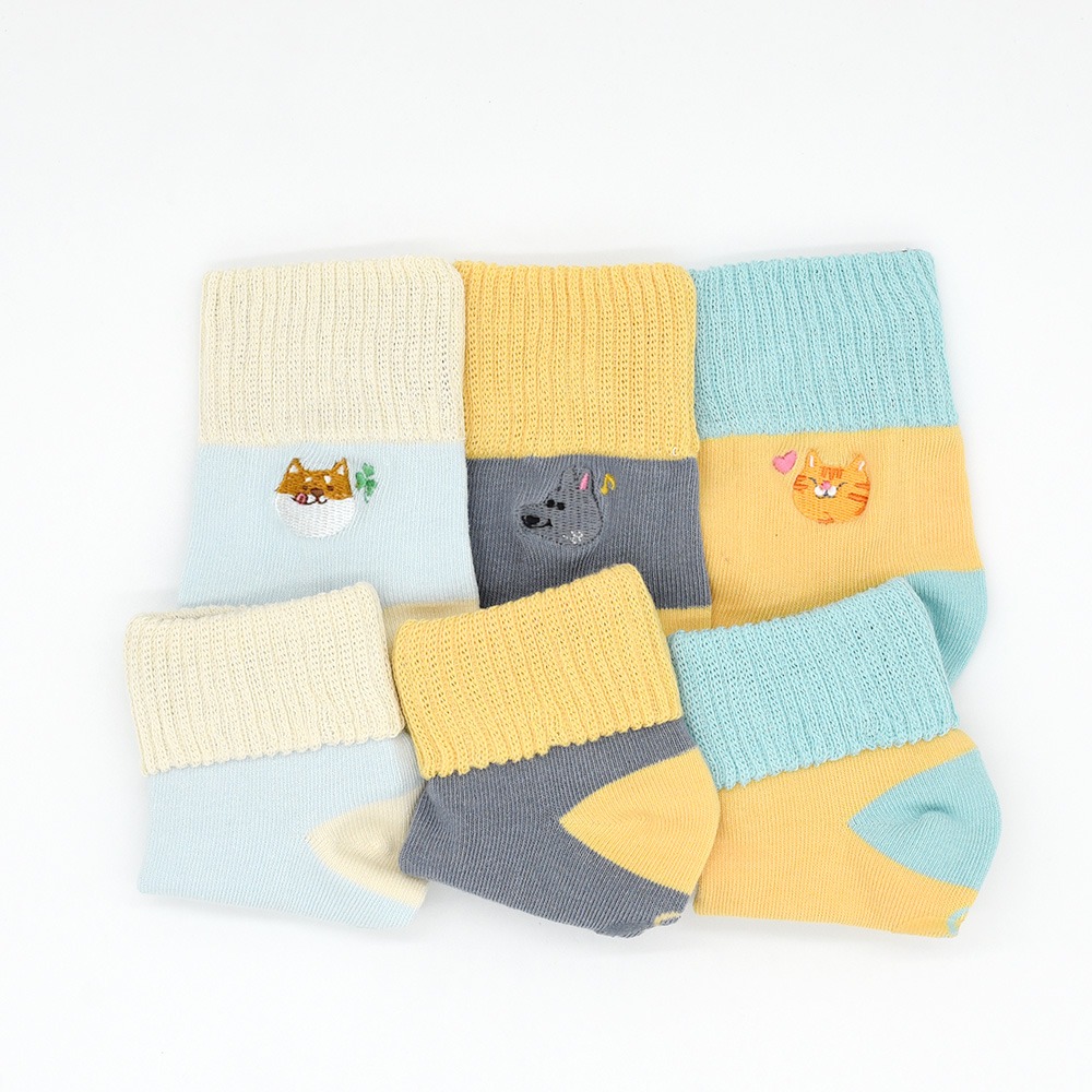 minihope刺繡反折中筒襪3雙組-淺藍+灰+黃-細節圖3