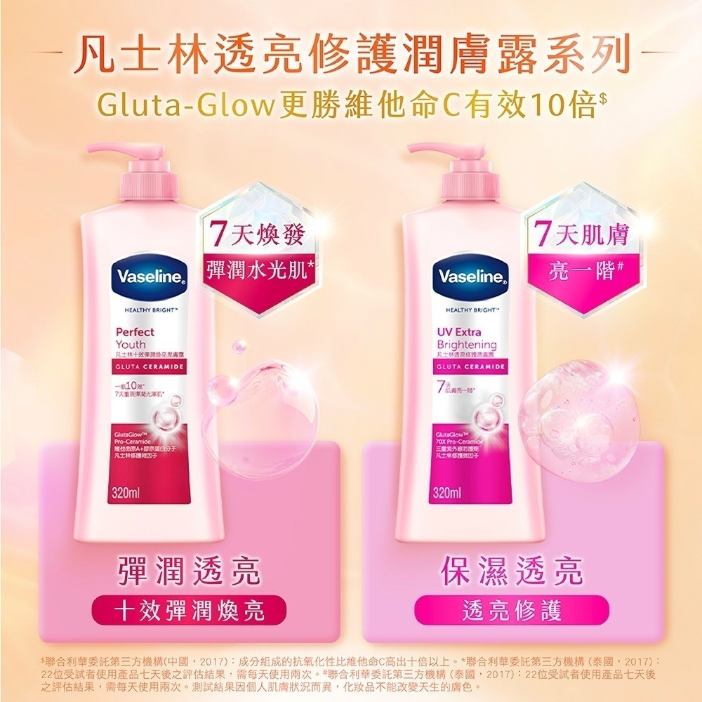 Vaseline凡士林美白乳液身體乳 水感亮白/SPF24亮白/十效彈潤/瞬效亮白/專業無香/蘆薈/深層修護(潤膚露)-細節圖3
