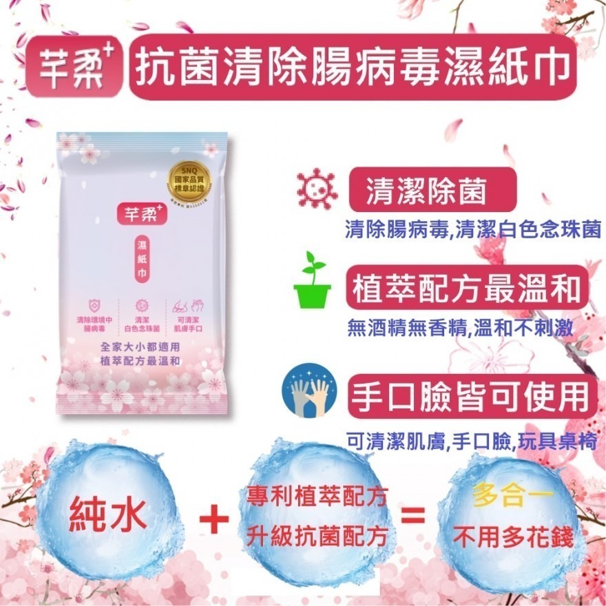芊柔 清除腸病毒濕紙巾 多效抗病毒濕紙巾 芊柔 PLUS+抗菌清除腸病毒濕紙 80抽/15抽 私密處清潔 【濠氣老闆】-細節圖5