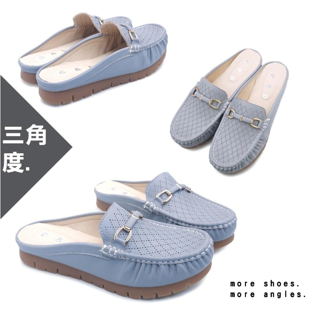 C&D 女鞋 真皮鞋墊 輕量厚底 氣質扣環透氣沖孔穆勒鞋 前包後空 防滑拖鞋 C-3348-細節圖6