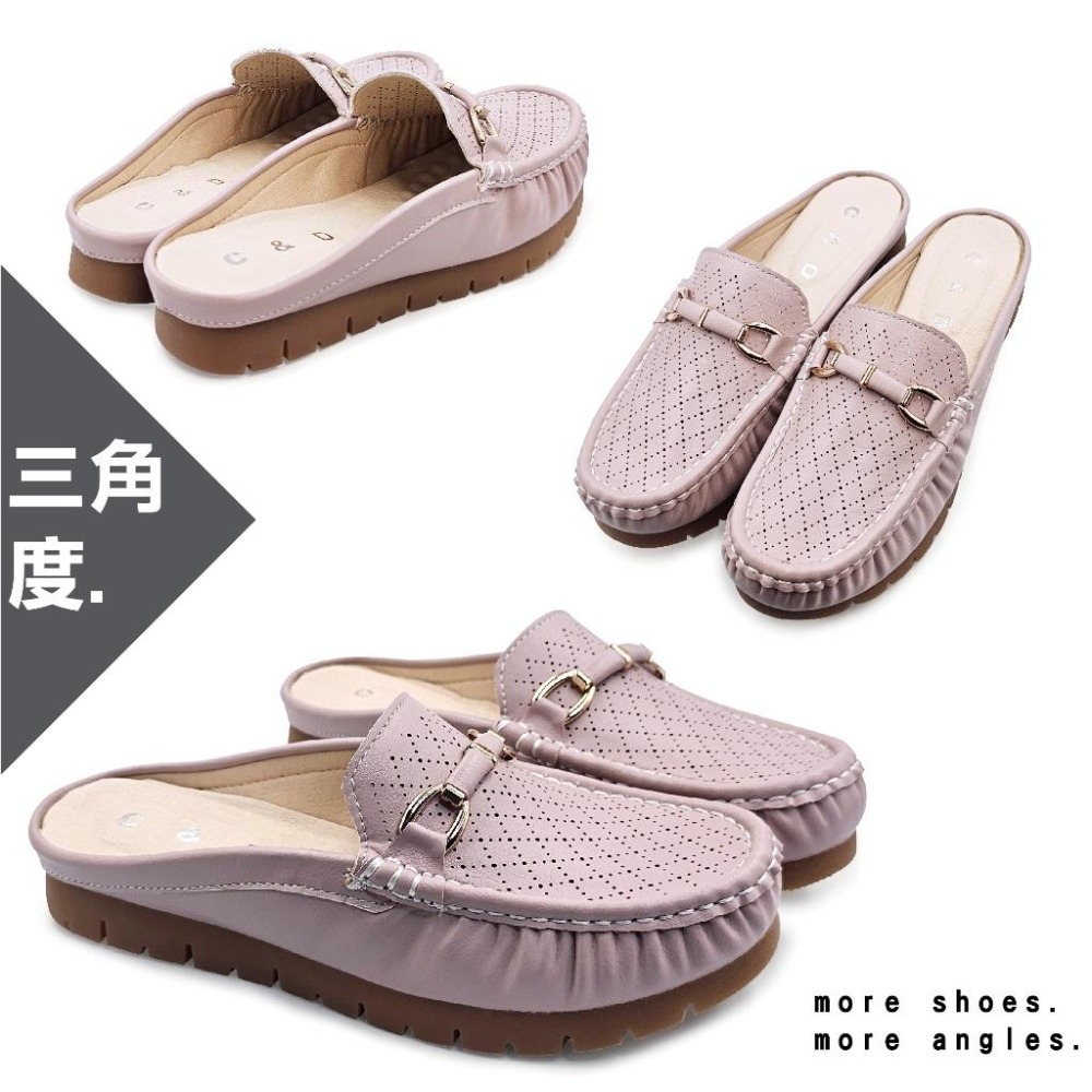 C&D 女鞋 真皮鞋墊 輕量厚底 氣質扣環透氣沖孔穆勒鞋 前包後空 防滑拖鞋 C-3348-細節圖7