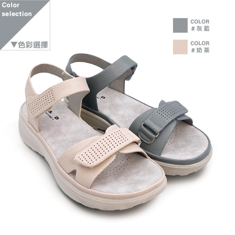 C&D 女鞋 魔鬼氈PU皮革彈性緩震厚底舒適涼鞋 C-1293-細節圖2